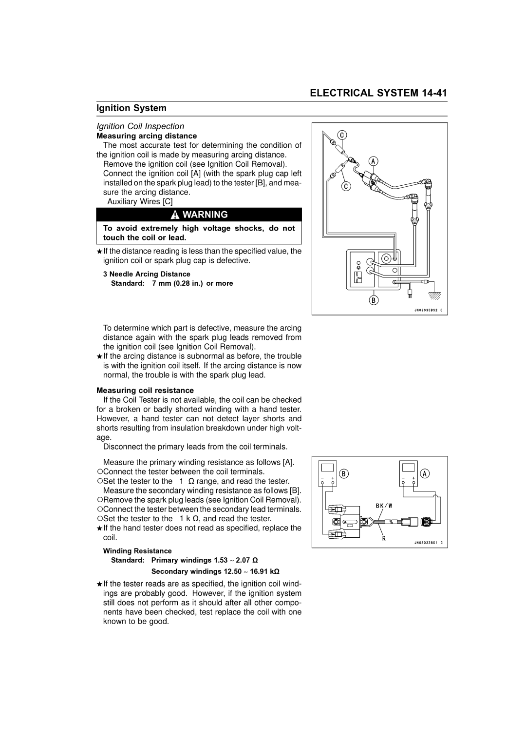 Kawasaki STX-15F service manual Ignition Coil Inspection, Measuring arcing distance, Measuring coil resistance 