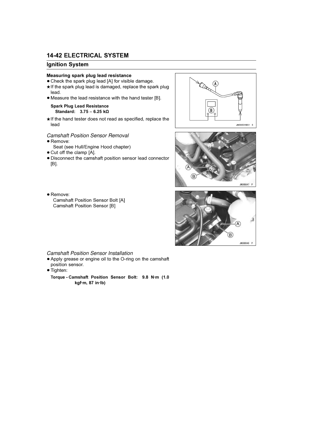 Kawasaki STX-15F service manual Camshaft Position Sensor Removal, Camshaft Position Sensor Installation 