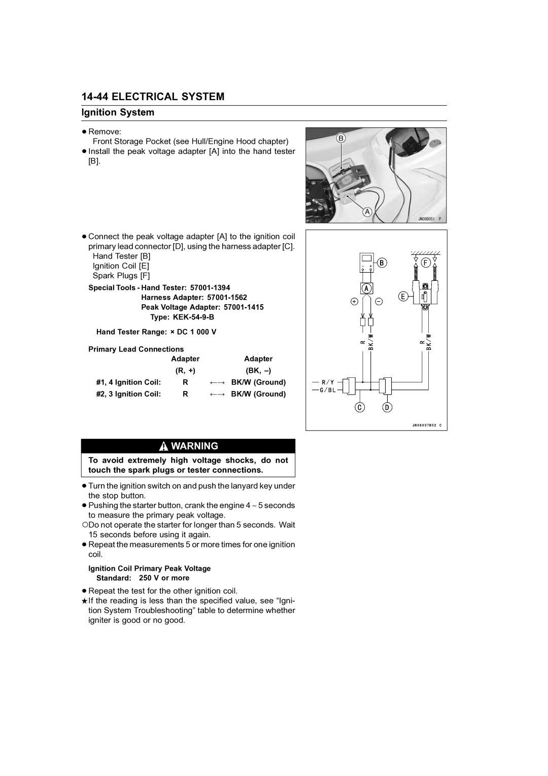 Kawasaki STX-15F service manual Ignition Coil Primary Peak Voltage Standard 250 V or more 