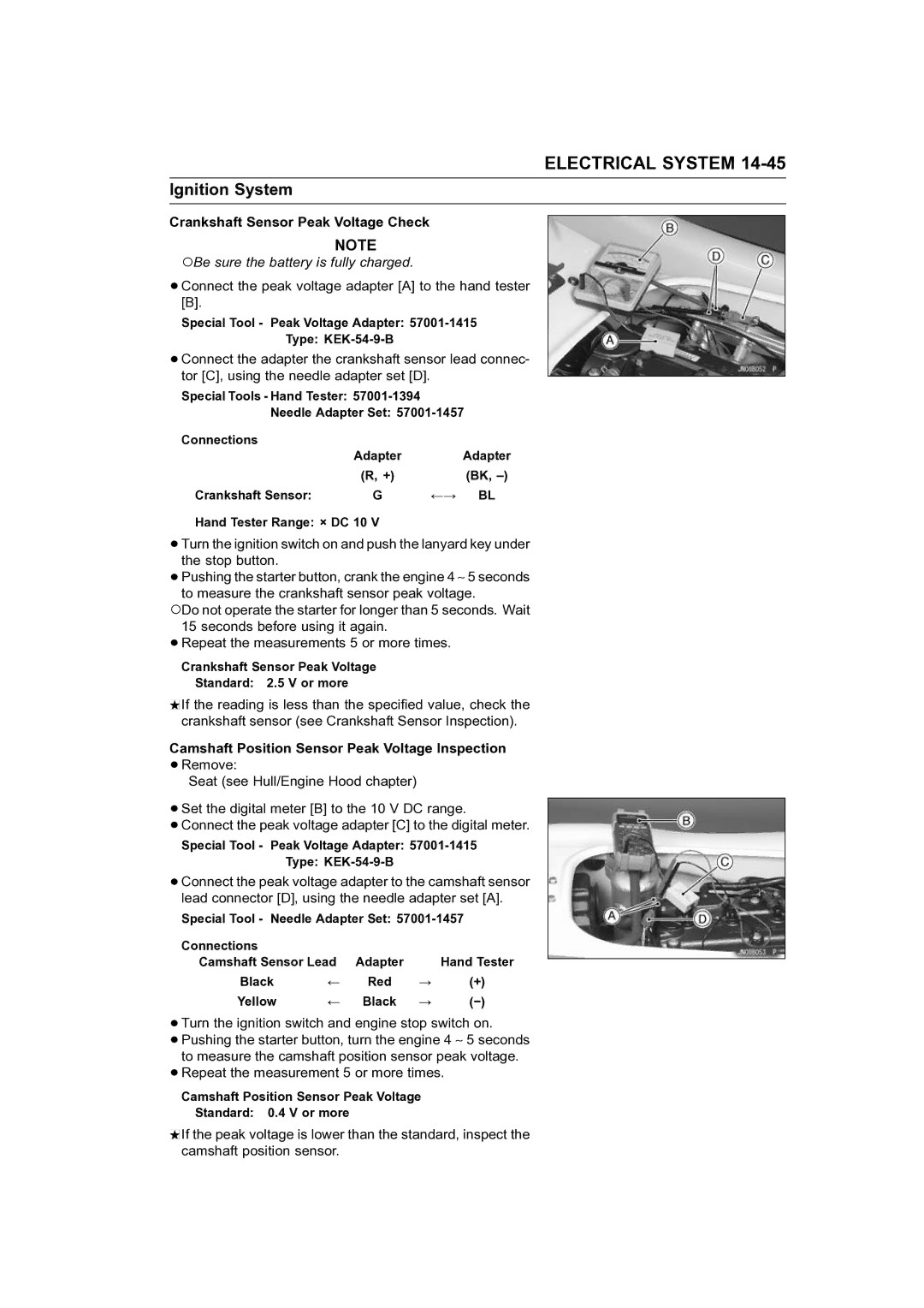 Kawasaki STX-15F service manual Crankshaft Sensor Peak Voltage Check, Camshaft Position Sensor Peak Voltage Inspection 