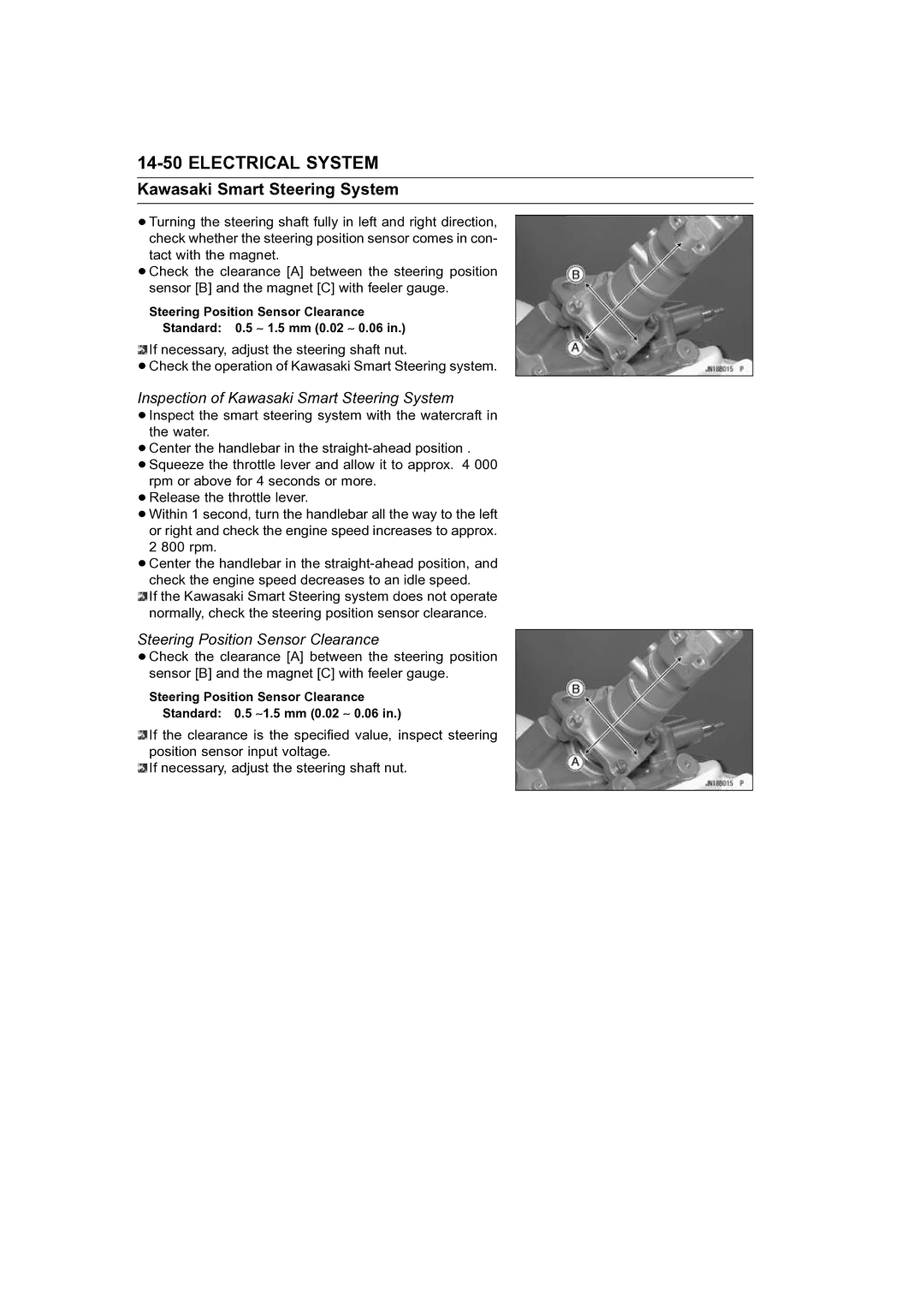 Kawasaki STX-15F service manual Inspection of Kawasaki Smart Steering System, Steering Position Sensor Clearance 