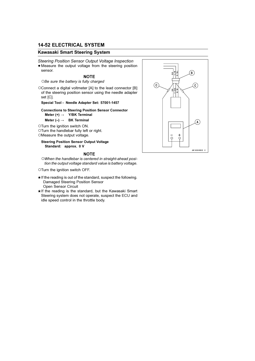 Kawasaki STX-15F service manual Steering Position Sensor Output Voltage Inspection 