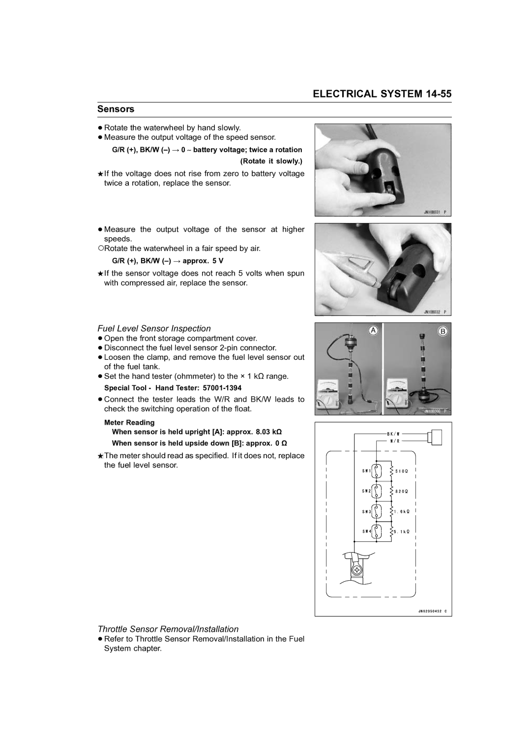 Kawasaki STX-15F service manual Fuel Level Sensor Inspection, Throttle Sensor Removal/Installation 