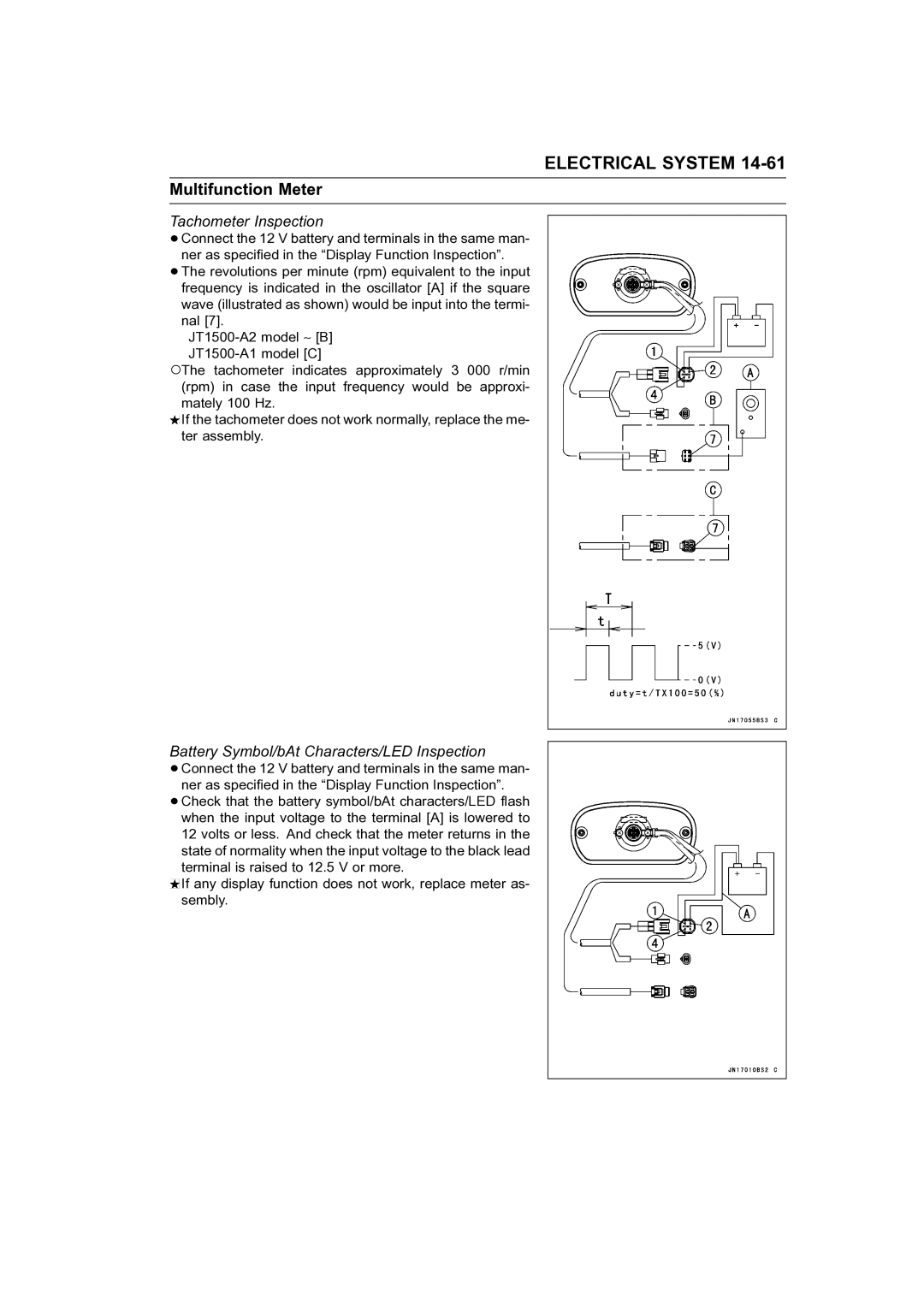 Kawasaki STX-15F service manual Tachometer Inspection, Battery Symbol/bAt Characters/LED Inspection 