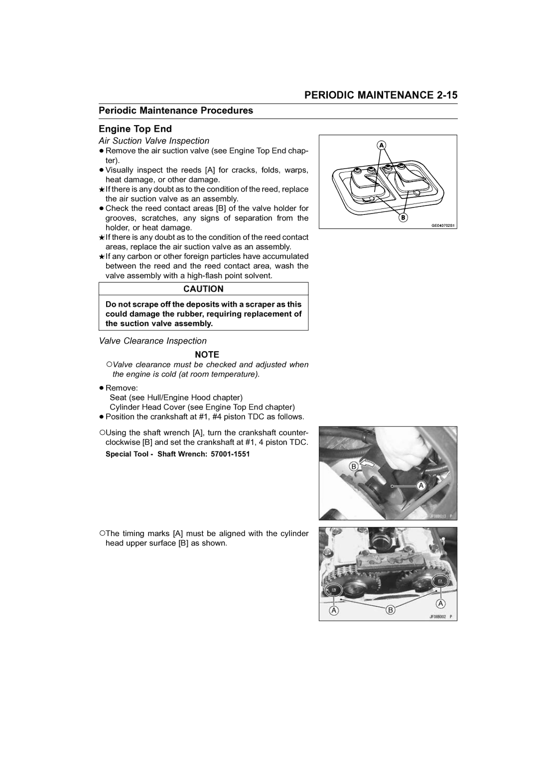 Kawasaki STX-15F Periodic Maintenance Procedures Engine Top End, Air Suction Valve Inspection, Valve Clearance Inspection 