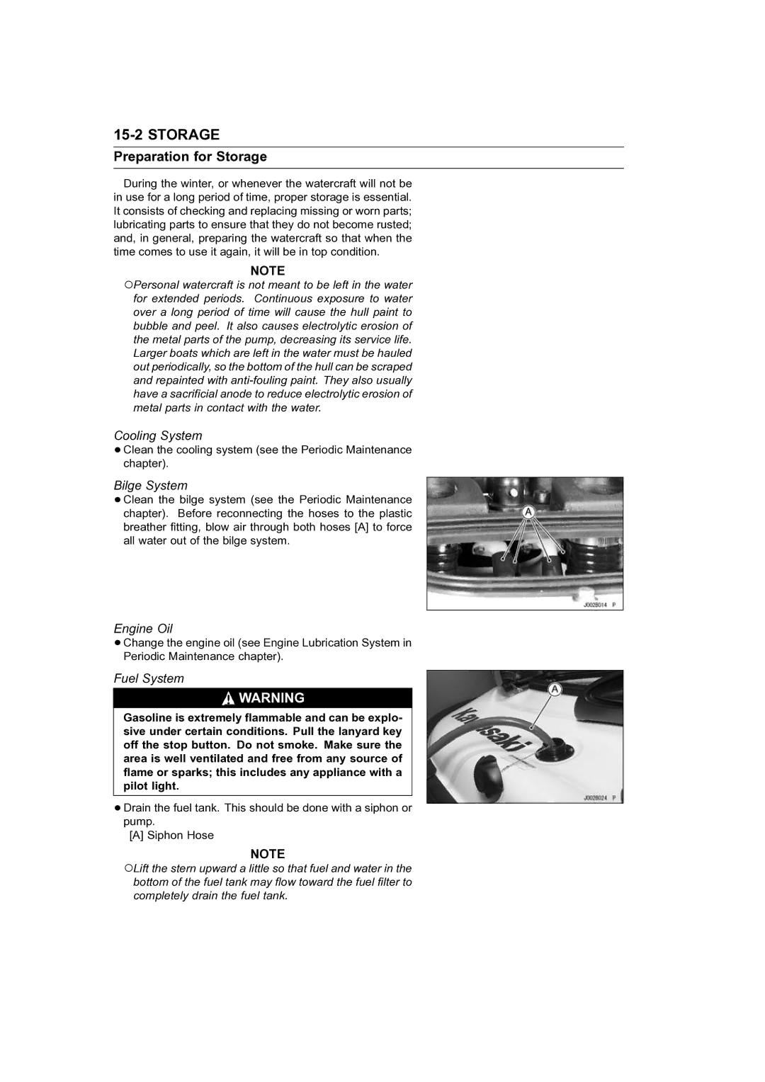 Kawasaki STX-15F service manual Preparation for Storage, Cooling System, Bilge System, Engine Oil, Fuel System 