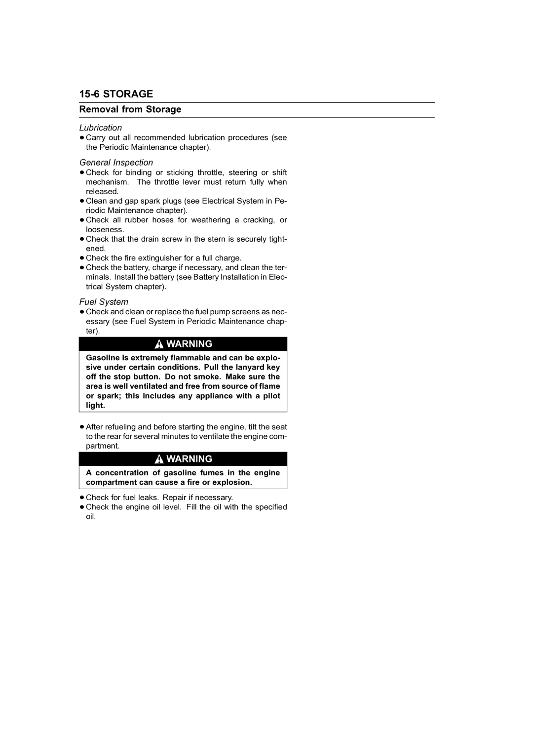 Kawasaki STX-15F service manual Removal from Storage, General Inspection 