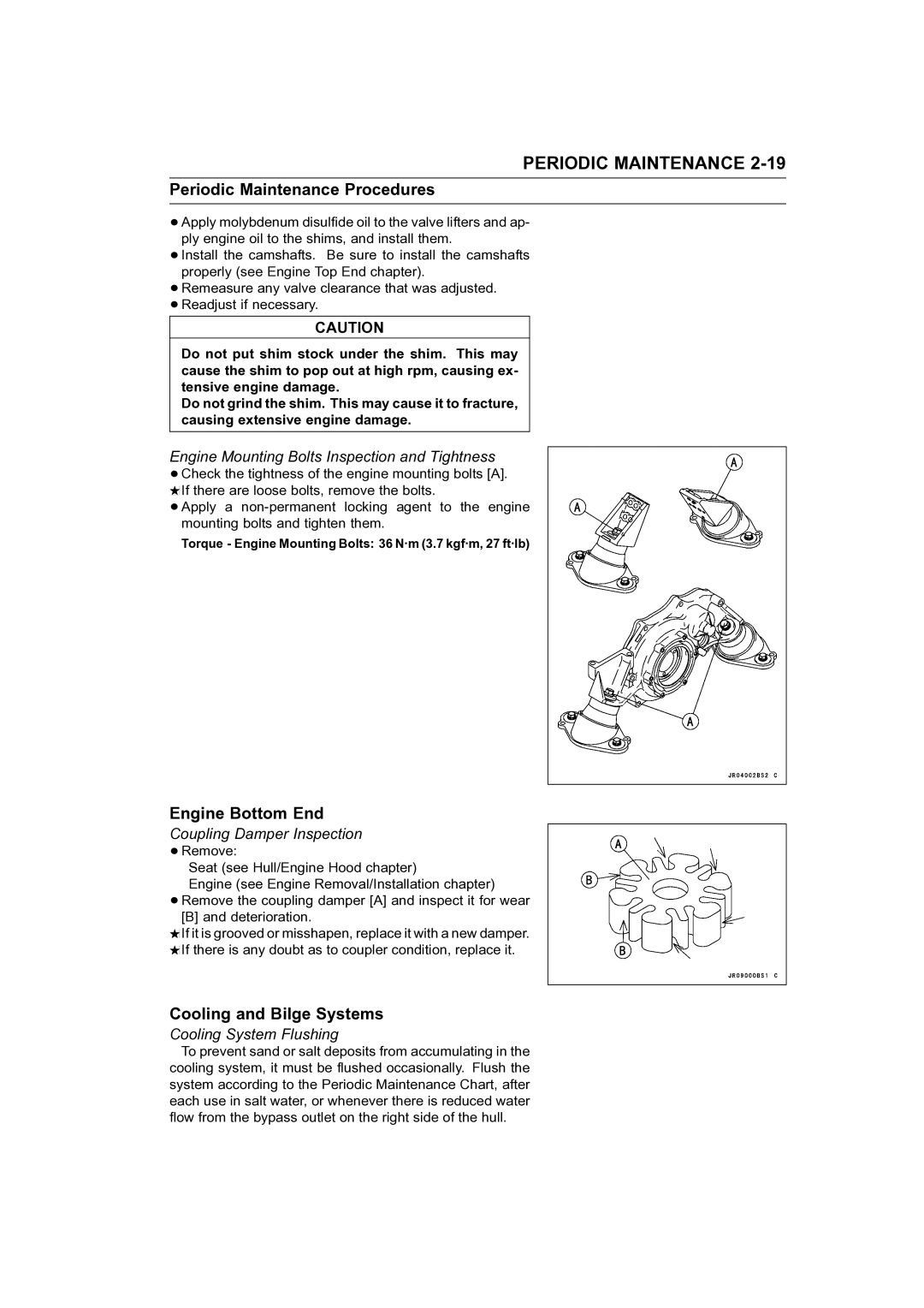 Kawasaki STX-15F Engine Bottom End, Cooling and Bilge Systems, Engine Mounting Bolts Inspection and Tightness 