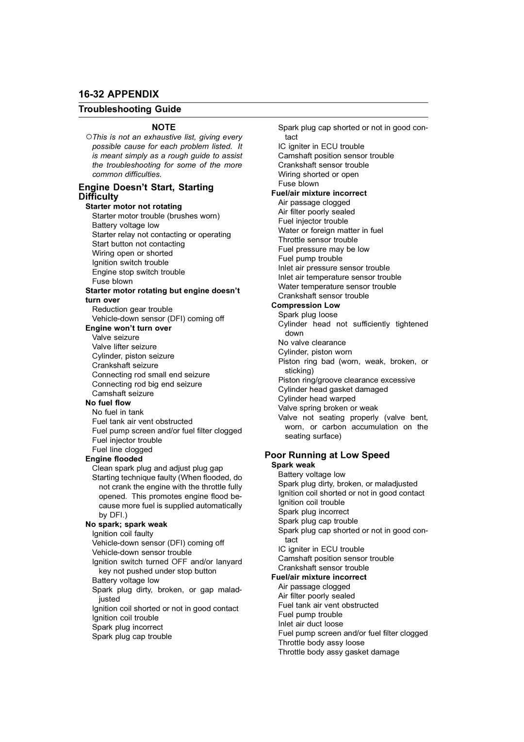 Kawasaki STX-15F service manual Troubleshooting Guide, Engine Doesn’t Start, Starting Difficulty, Poor Running at Low Speed 