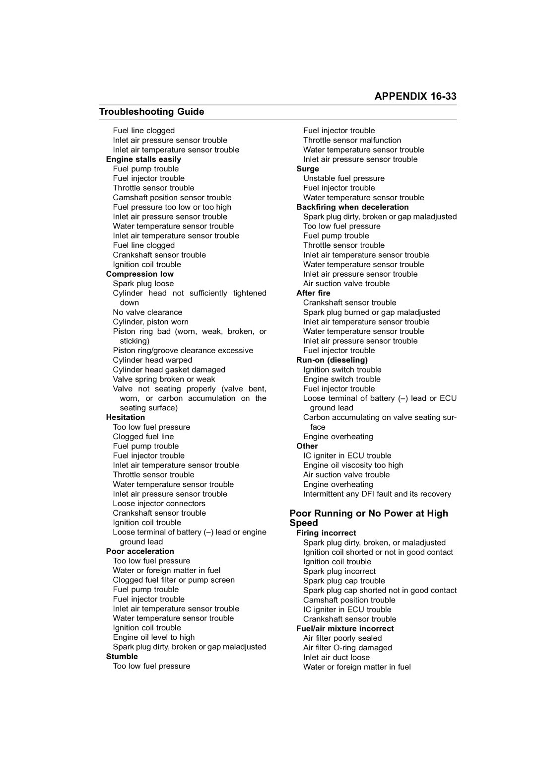 Kawasaki STX-15F service manual Poor Running or No Power at High Speed 