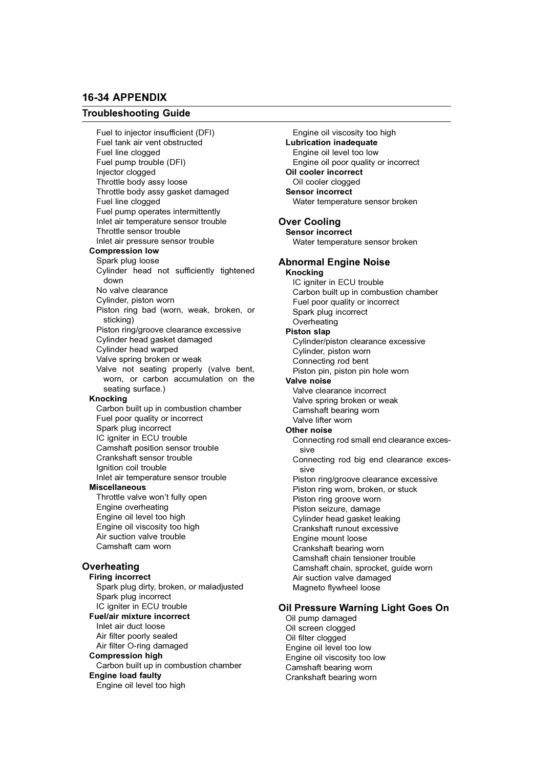 Kawasaki STX-15F service manual Overheating, Over Cooling, Abnormal Engine Noise, Oil Pressure Warning Light Goes On 