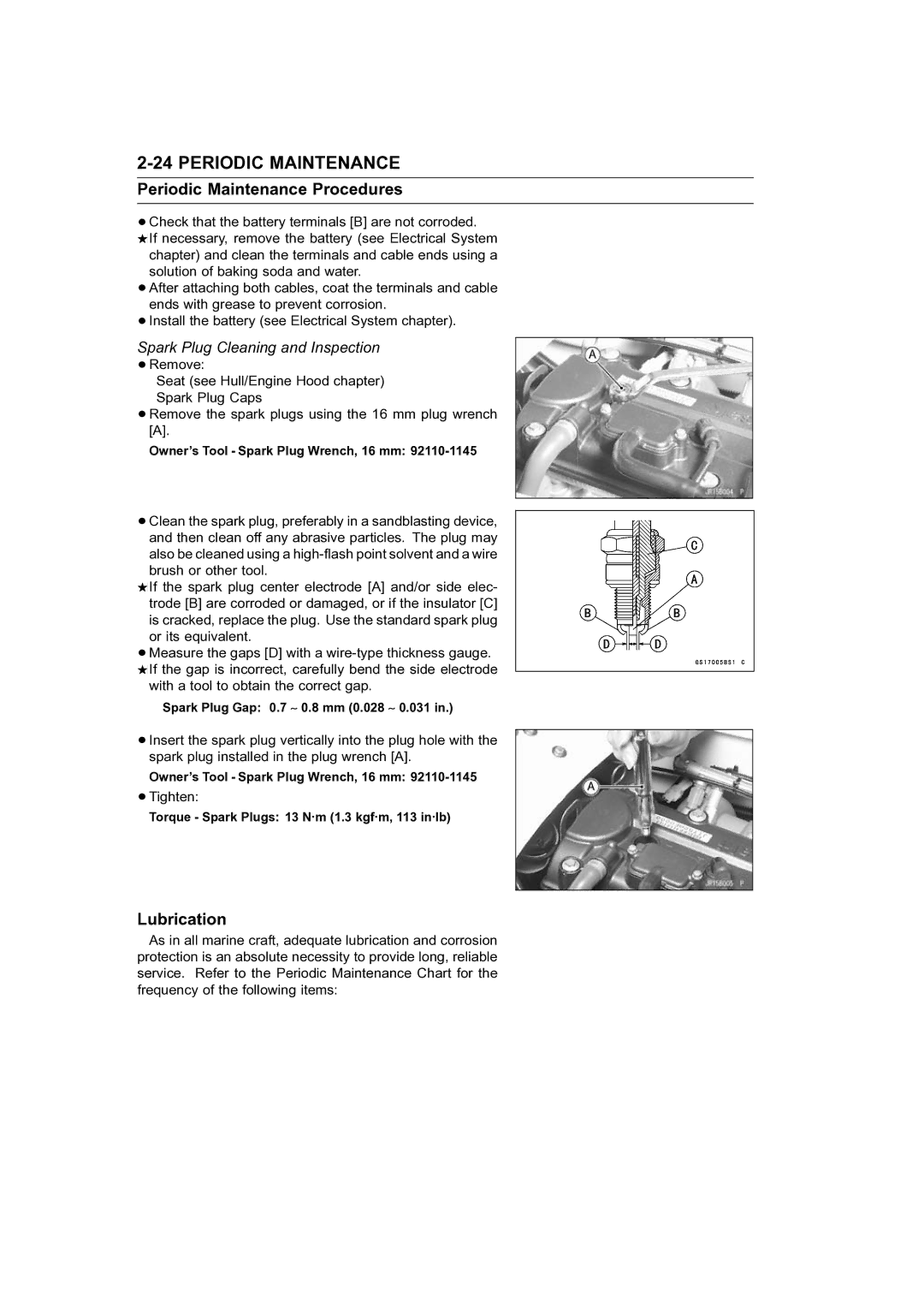 Kawasaki STX-15F service manual Lubrication, Spark Plug Cleaning and Inspection 