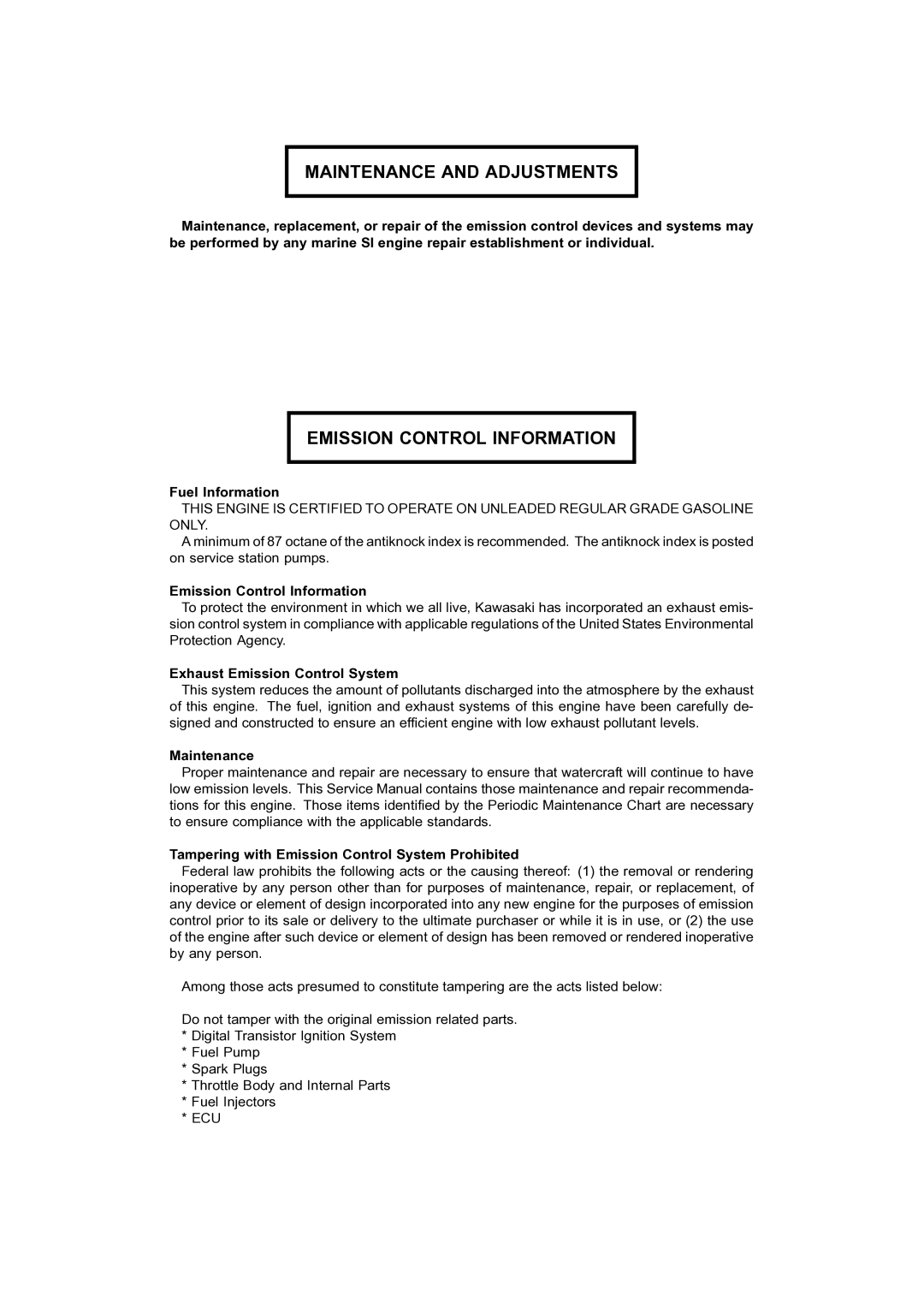 Kawasaki STX-15F service manual Fuel Information, Emission Control Information, Exhaust Emission Control System 