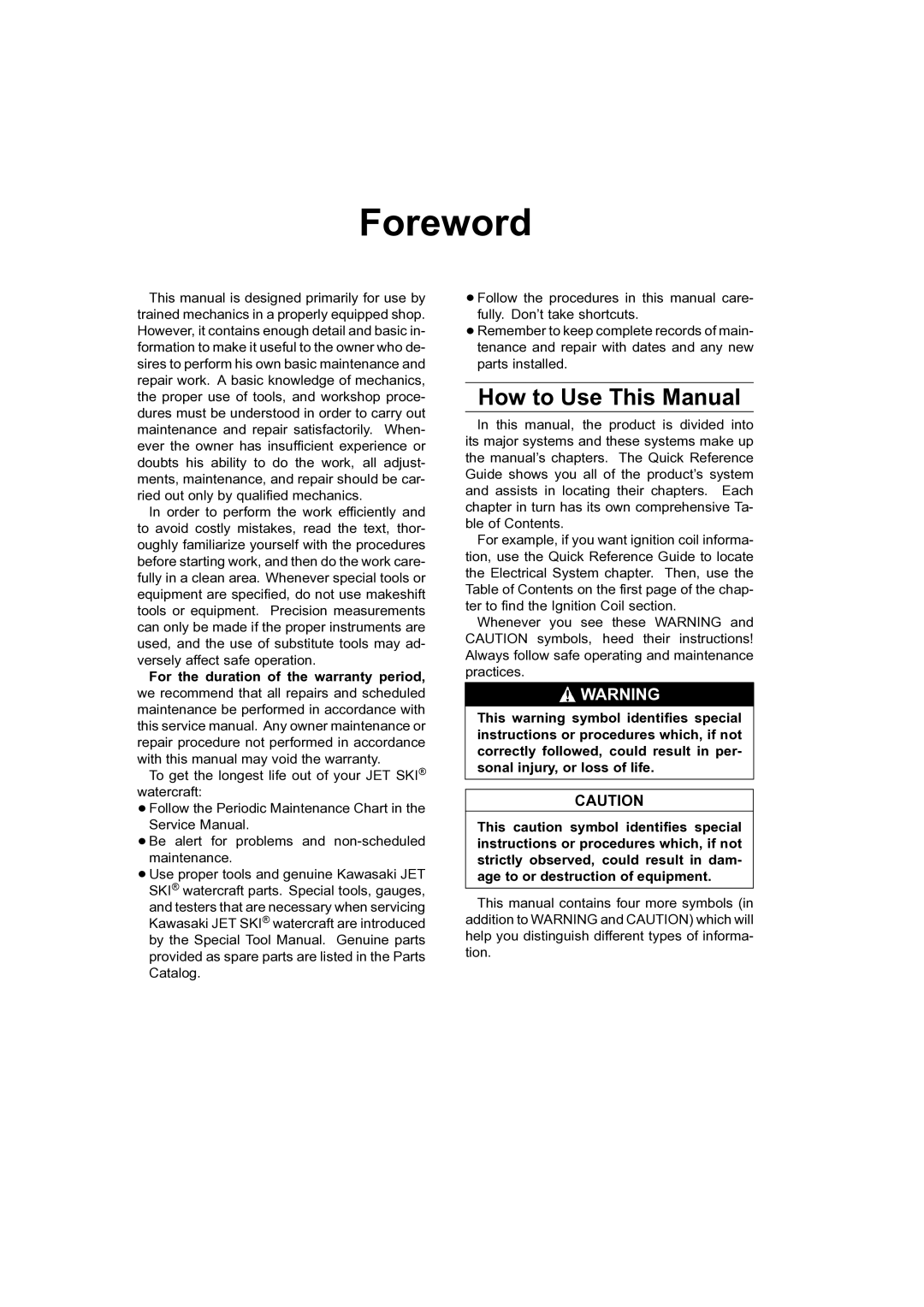 Kawasaki STX-15F service manual Foreword 