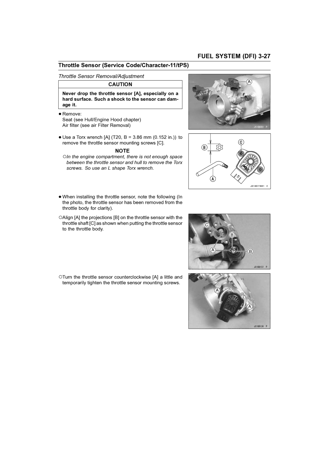 Kawasaki STX-15F service manual Throttle Sensor Service Code/Character-11/tPS, Throttle Sensor Removal/Adjustment 