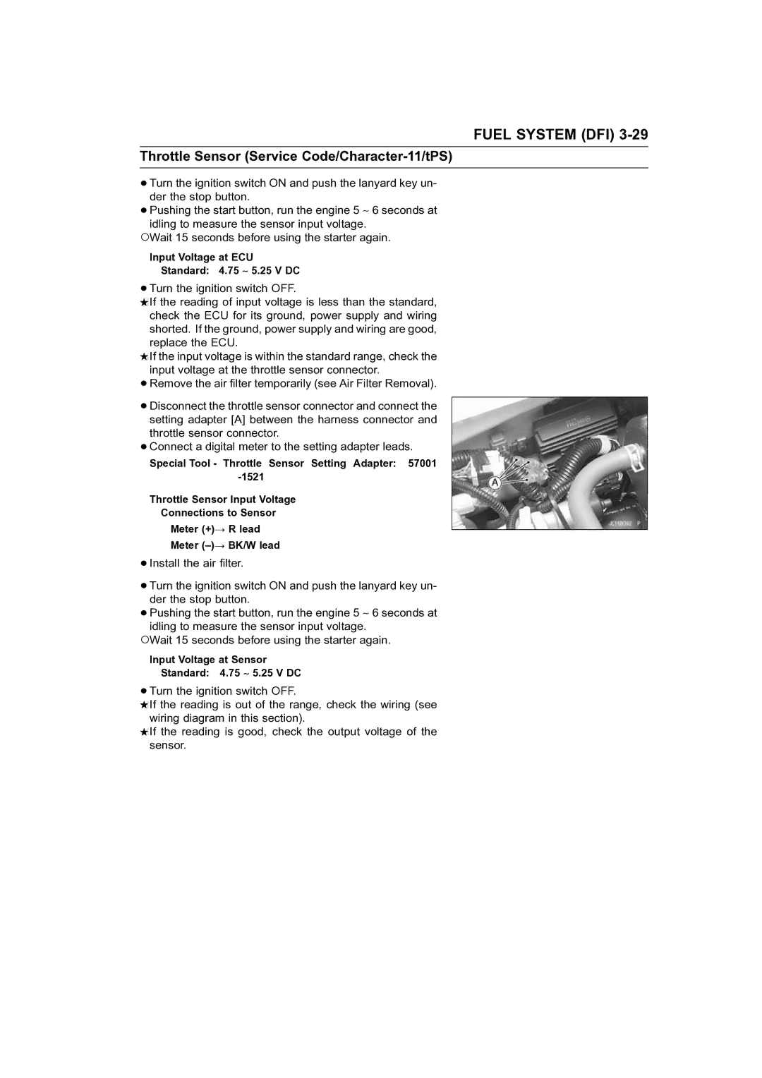 Kawasaki STX-15F service manual Input Voltage at ECU Standard 4.75 ∼ 5.25 V DC 