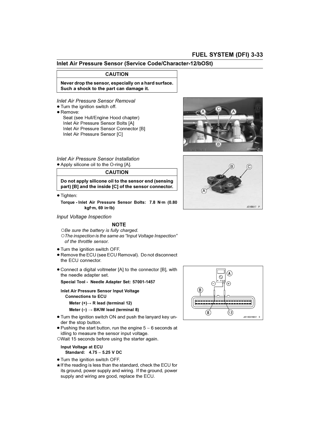 Kawasaki STX-15F service manual Inlet Air Pressure Sensor Service Code/Character-12/bOSt, Inlet Air Pressure Sensor Removal 