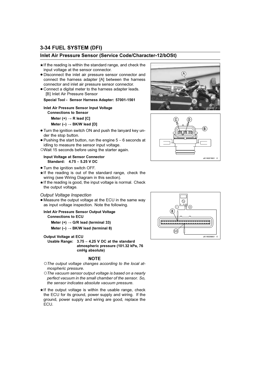 Kawasaki STX-15F service manual Input Voltage at Sensor Connector Standard 4.75 ∼ 5.25 V DC 