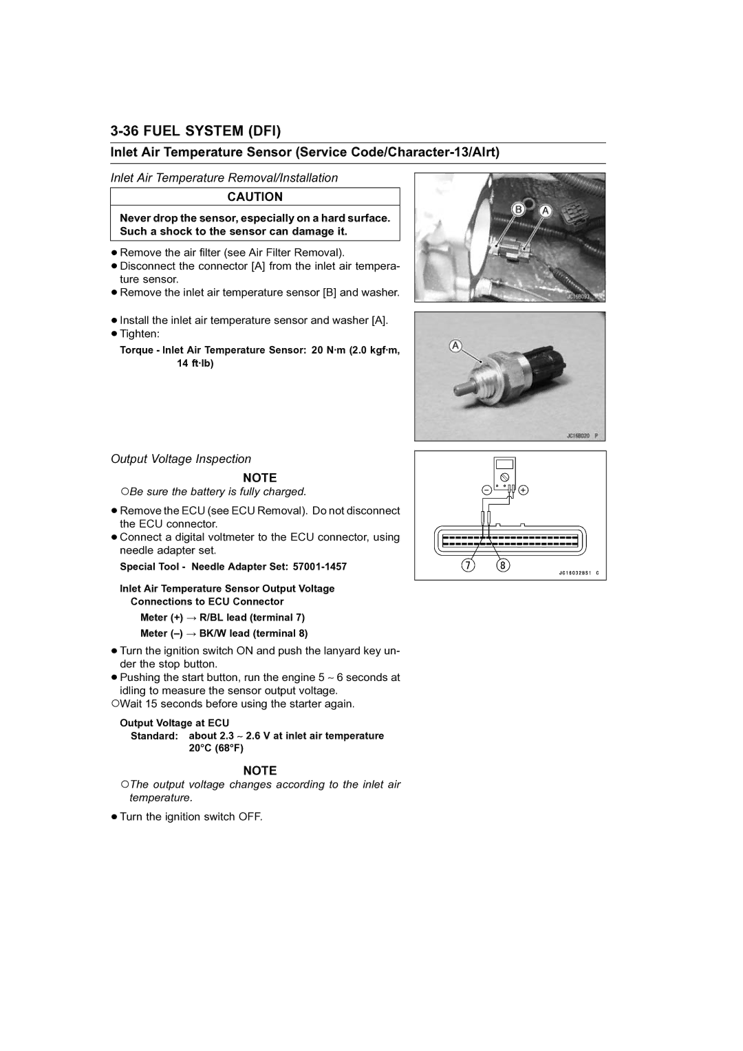 Kawasaki STX-15F Inlet Air Temperature Sensor Service Code/Character-13/AIrt, Inlet Air Temperature Removal/Installation 