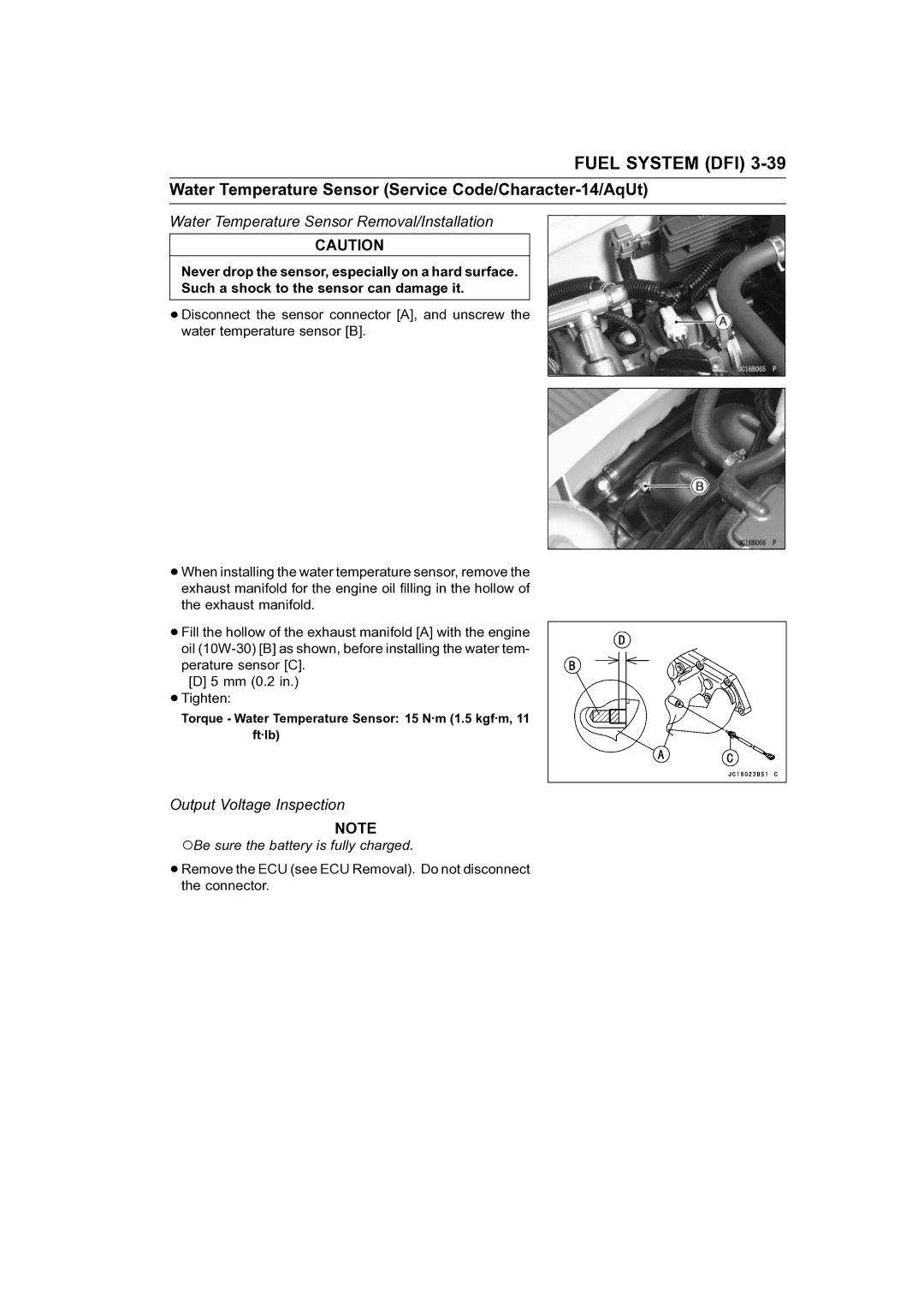 Kawasaki STX-15F Water Temperature Sensor Service Code/Character-14/AqUt, Water Temperature Sensor Removal/Installation 