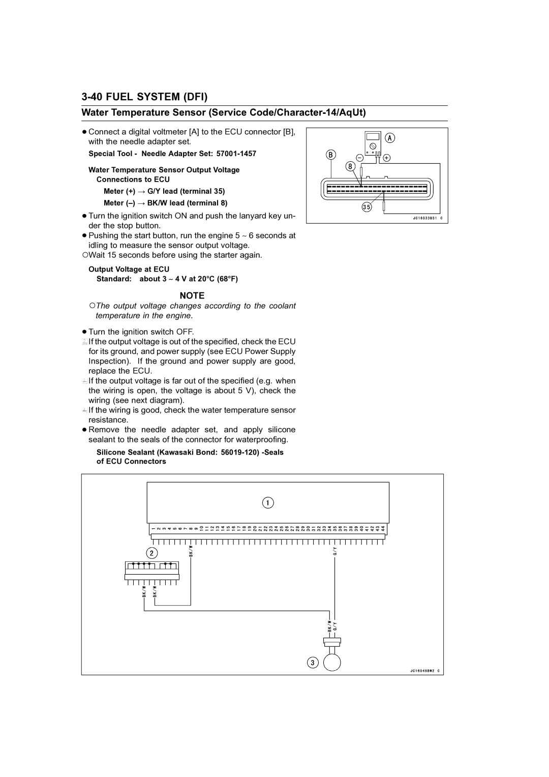 Kawasaki STX-15F service manual Output Voltage at ECU Standard about 3 ∼ 4 V at 20C 68F 