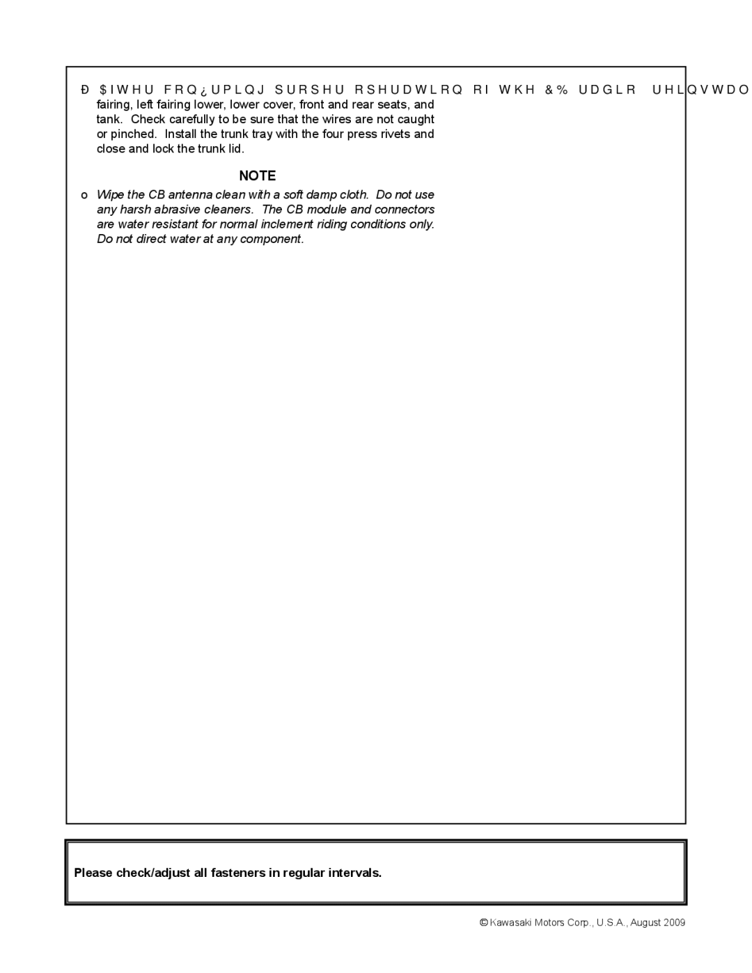 Kawasaki VULCAN 1700 VOYAGER installation instructions Please check/adjust all fasteners in regular intervals 