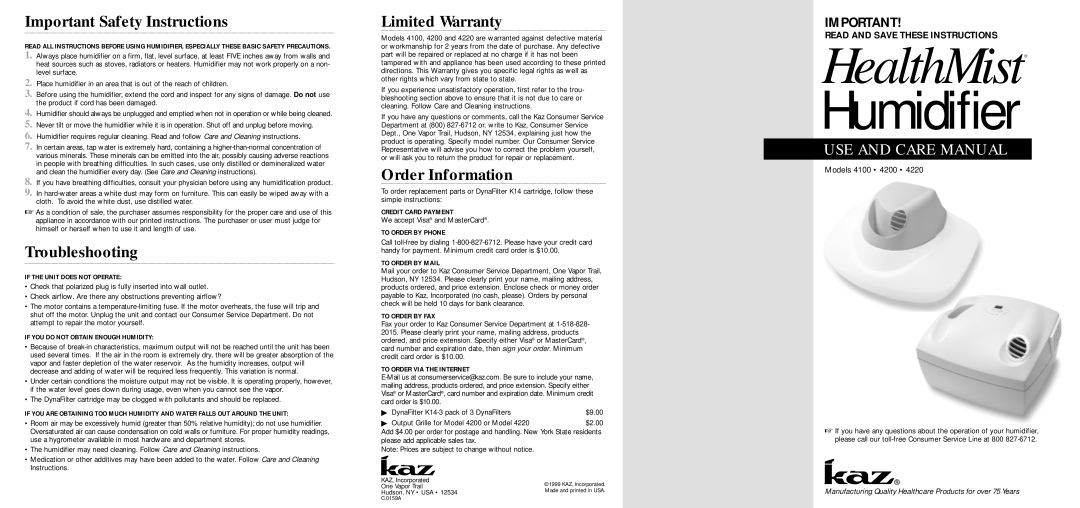 Kaz 4100 important safety instructions Important Safety Instructions, Troubleshooting, Limited Warranty, Order Information 