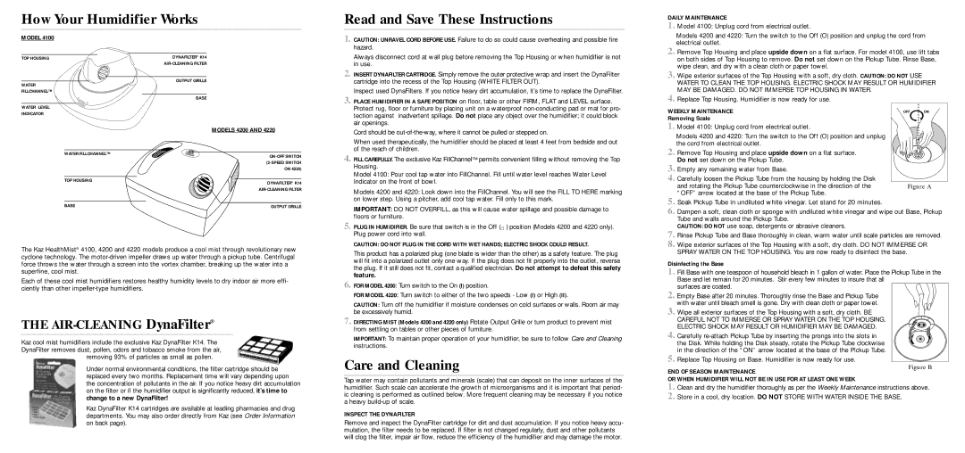 Kaz 4220, 4200, 4100 How Your Humidifier Works, Read and Save These Instructions, Care and Cleaning 