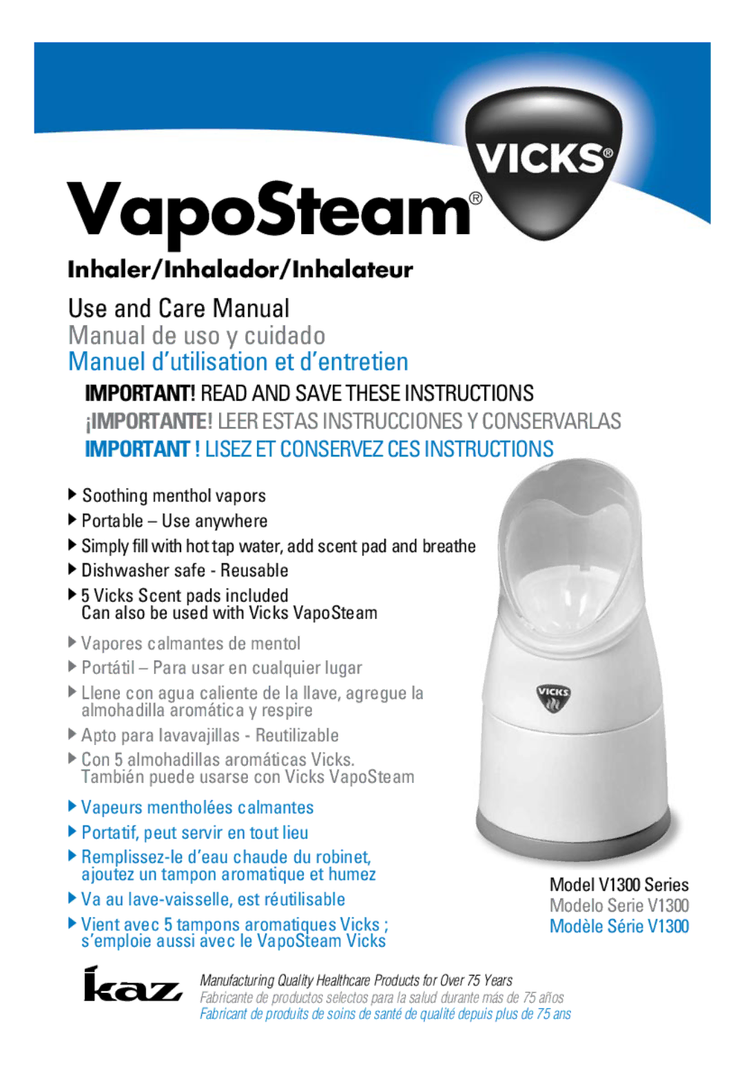 Kaz v1300 manuel dutilisation VapoSteam, Inhaler/Inhalador/Inhalateur 