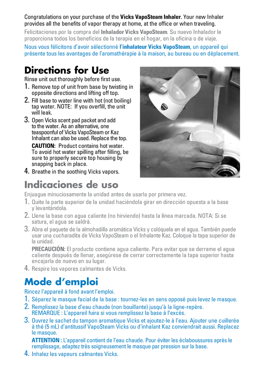 Kaz v1300 manuel dutilisation Directions for Use, Indicaciones de uso, Mode d’emploi 