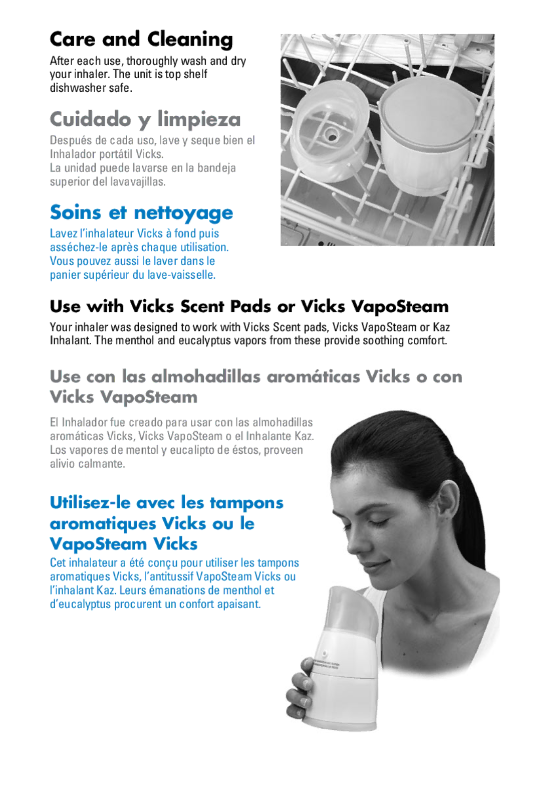 Kaz v1300 Care and Cleaning, Cuidado y limpieza, Soins et nettoyage, Use with Vicks Scent Pads or Vicks VapoSteam 