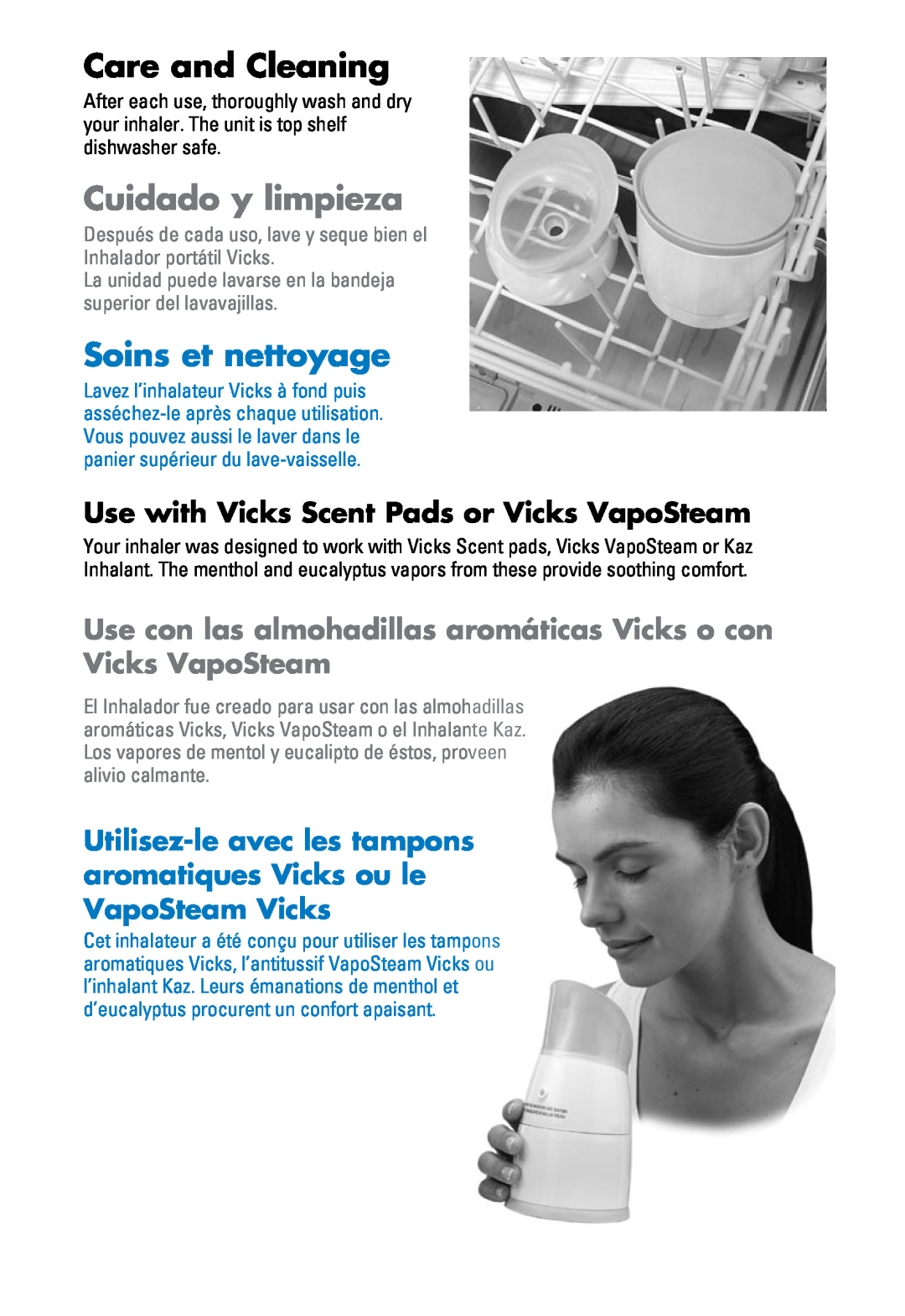 Kaz v1300 Care and Cleaning, Cuidado y limpieza, Soins et nettoyage, Use with Vicks Scent Pads or Vicks VapoSteam 
