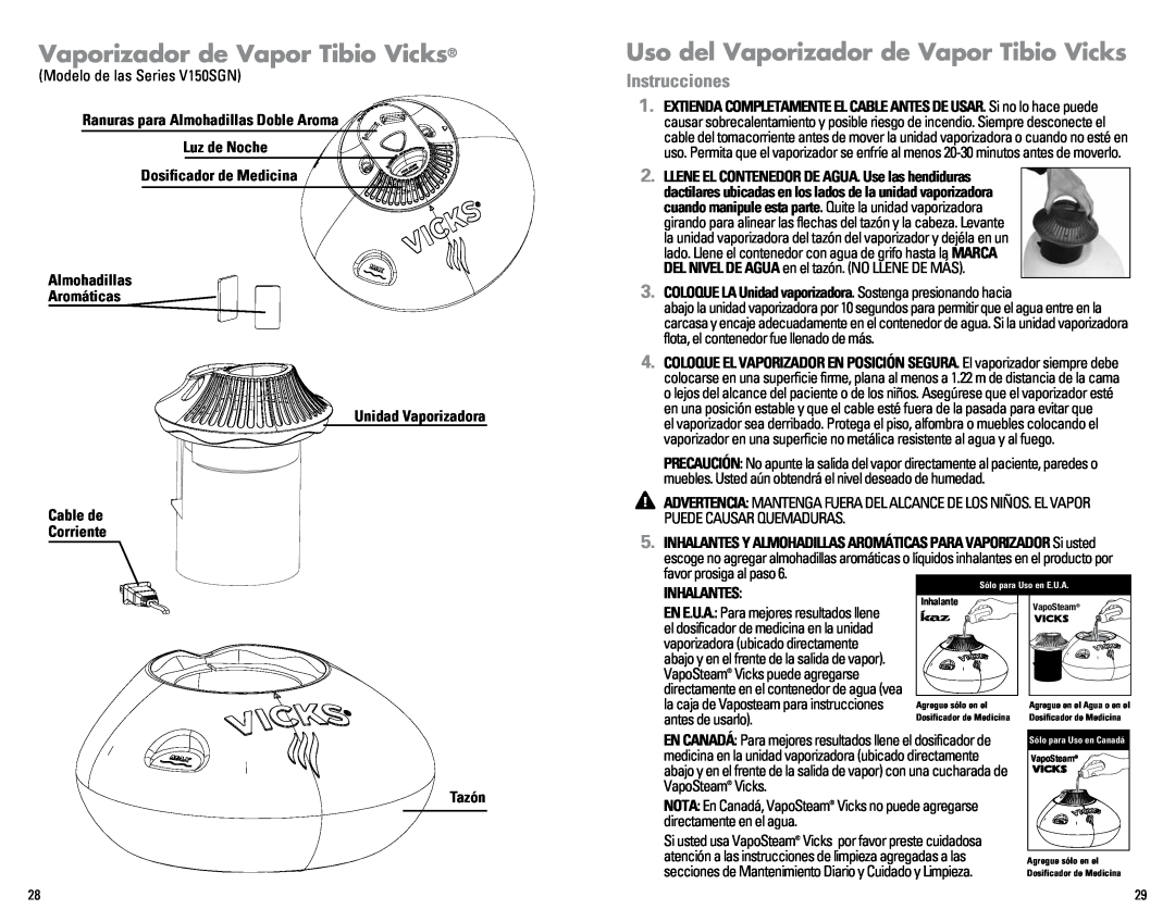 Kaz V150SGN Uso del Vaporizador de Vapor Tibio Vicks, Instrucciones, Ranuras para Almohadillas Doble Aroma, Aromáticas 