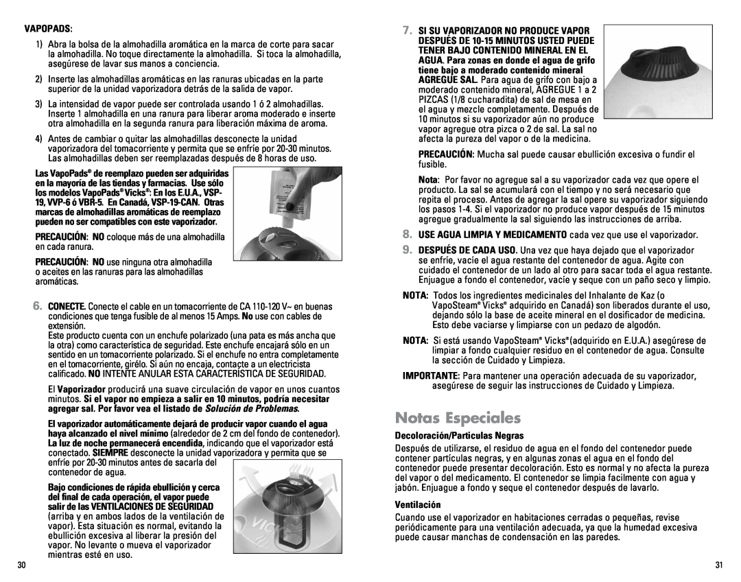 Kaz V150SGN manual Notas Especiales, Vapopads, Decoloración/Particulas Negras, Ventilación 