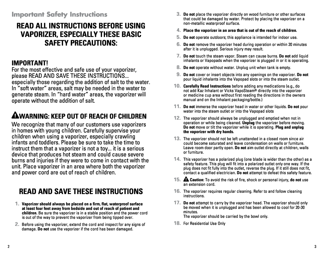 Kaz V150SGN manual Read And Save These Instructions, Warning: Keep Out Of Reach Of Children, Important Safety Instructions 