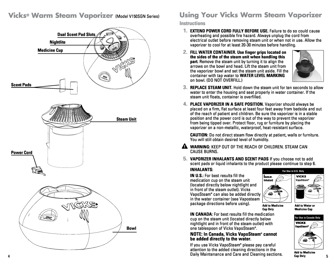 Kaz Vicks Warm Steam Vaporizer Model V150SGN Series, Using Your Vicks Warm Steam Vaporizer, Instructions, Inhalants 
