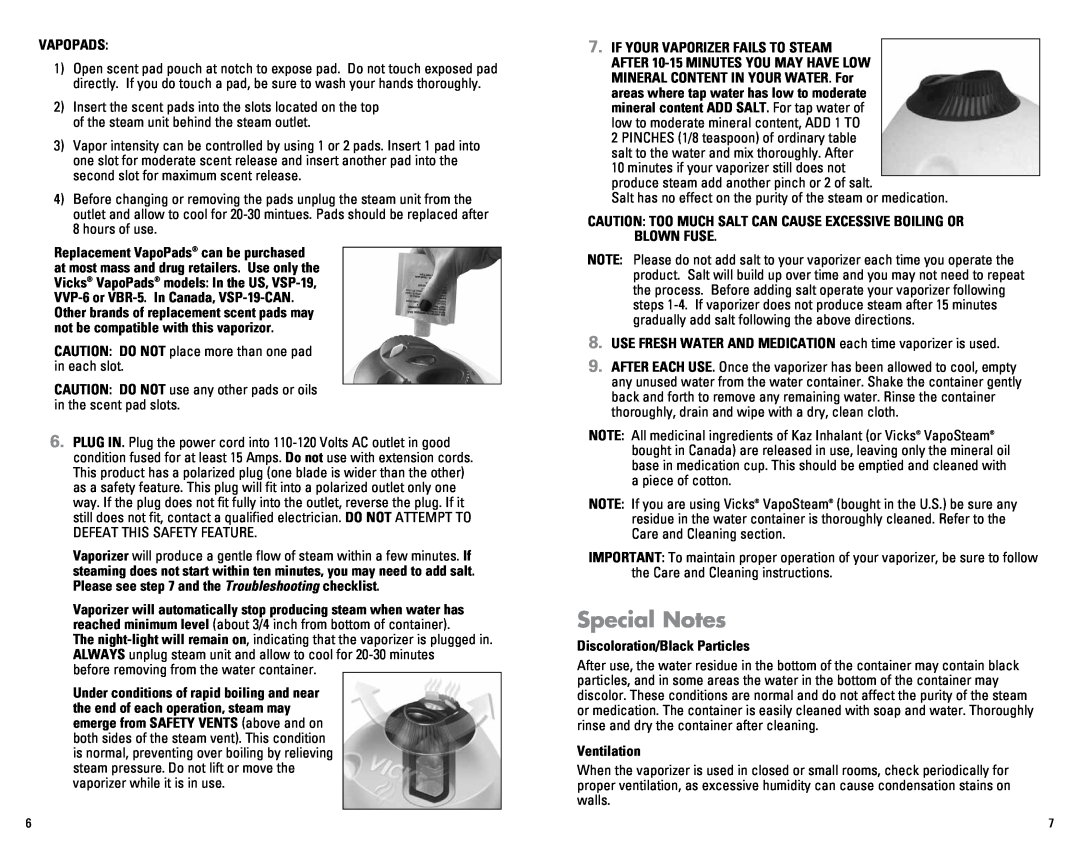Kaz V150SGN manual Special Notes, Vapopads, Discoloration/Black Particles, Ventilation 