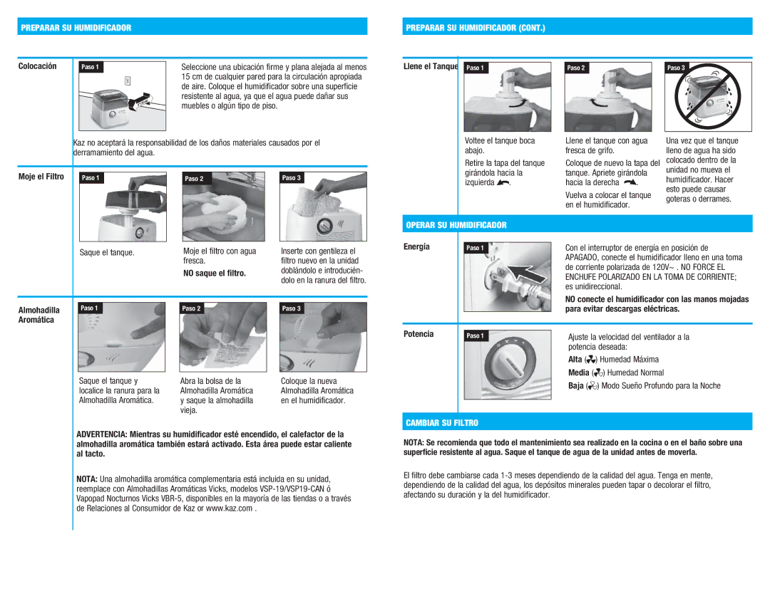 Kaz V3900 manual Preparar SU Humidificador, Operar SU Humidificador, Cambiar SU Filtro 
