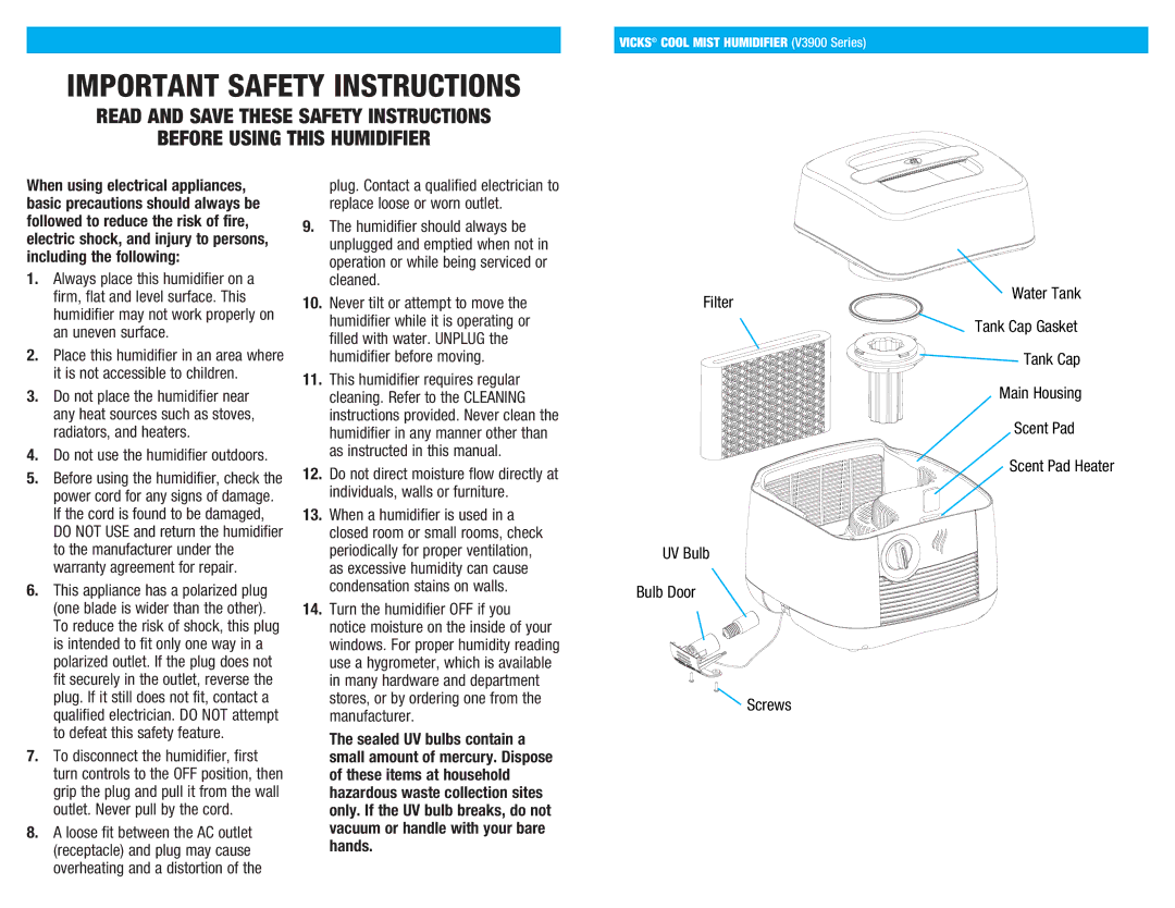 Kaz V3900 manual Important Safety Instructions 