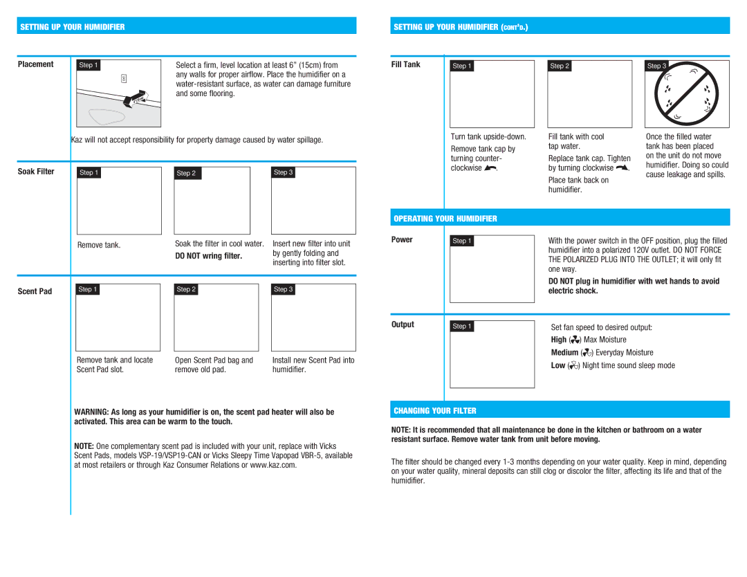 Kaz V3900 manual Operating Your Humidifier, Changing Your Filter 