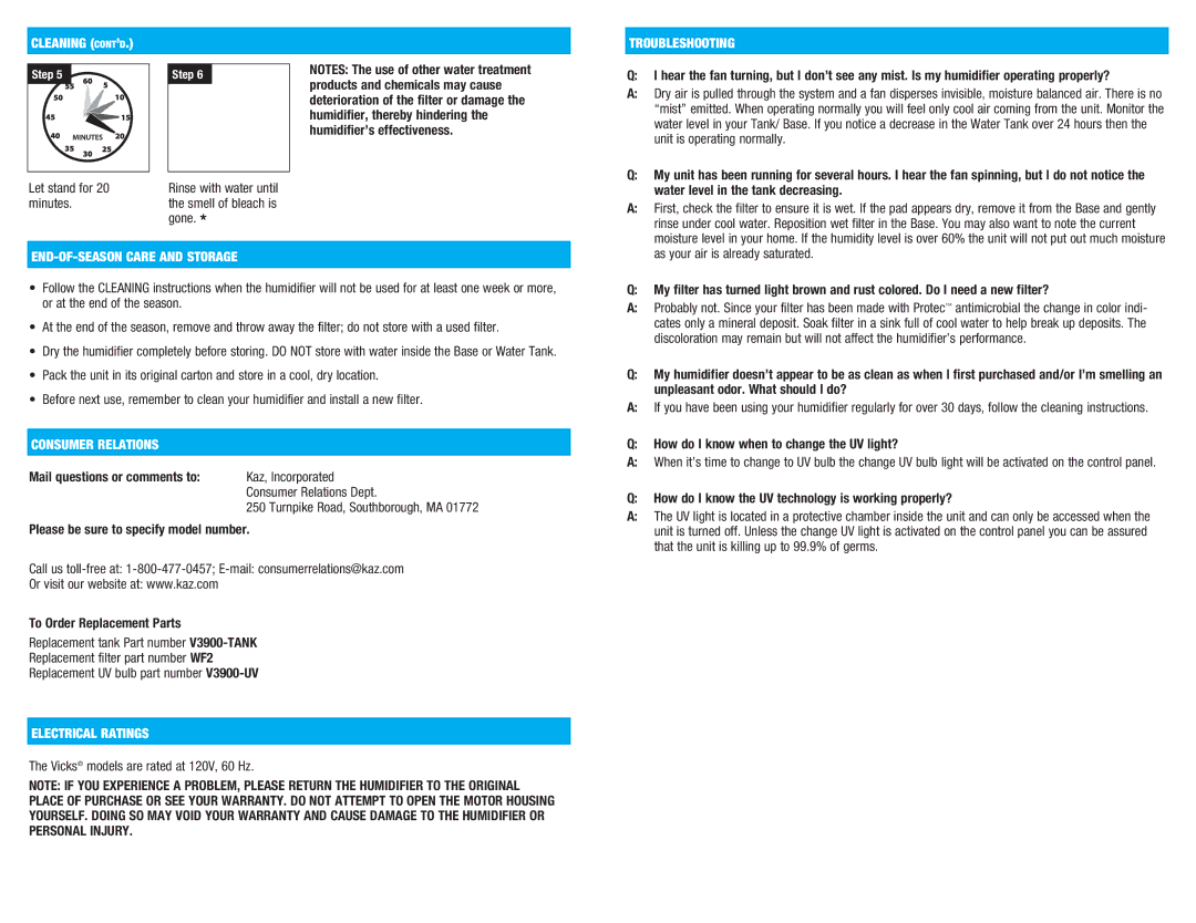 Kaz V3900 manual Cleaning CONT’D, Troubleshooting, END-OF-SEASON Care and Storage, Consumer Relations, Electrical Ratings 