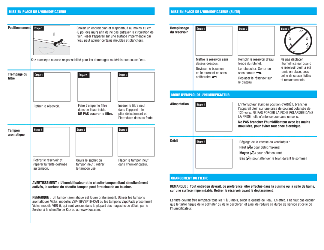 Kaz V3900 manual Mode D’EMPLOI DE L’HUMIDIFICATEUR, Changement DU Filtre 