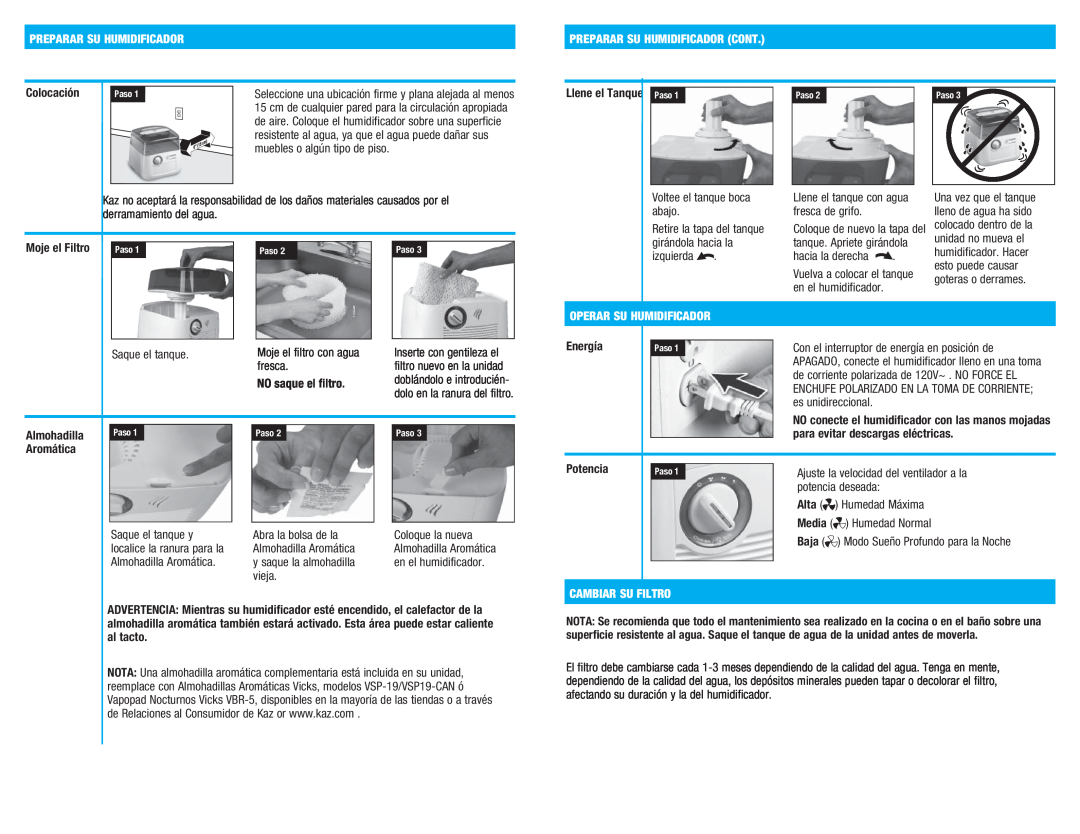 Kaz V3900 manual Preparar Su Humidificador Cont, Operar Su Humidificador, Cambiar Su Filtro 