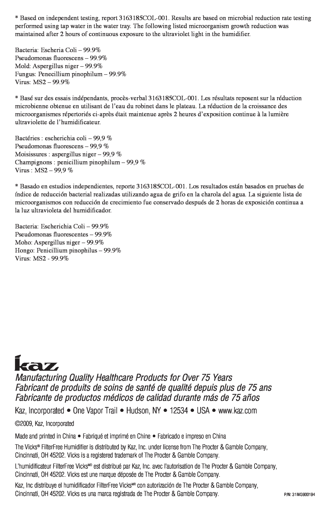 Kaz V3900 manual 2009, Kaz, Incorporated 