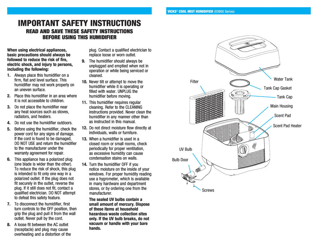 Kaz V3900 manual Read And Save These Safety Instructions, Before Using This Humidifier, Important Safety Instructions 