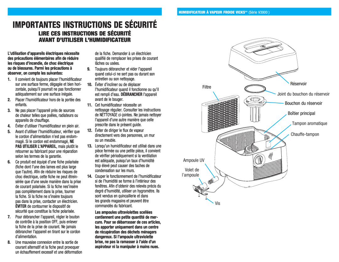 Kaz V3900 Lire Ces Instructions De Sécurité, Avant D’Utiliser L’Humidificateur, Filtre, Réservoir, Volet de l’ampoule 