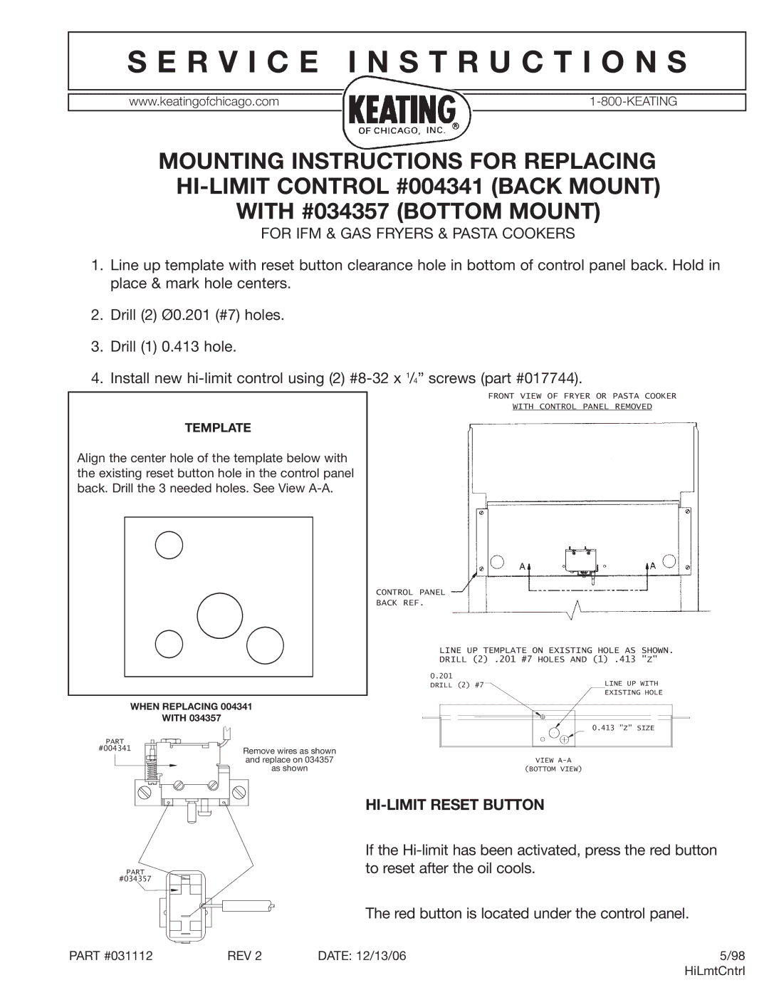 Keating Of Chicago 034357, 004341 manual R V I C E I N S T R U C T I O N S, For IFM & GAS Fryers & Pasta Cookers, Template 