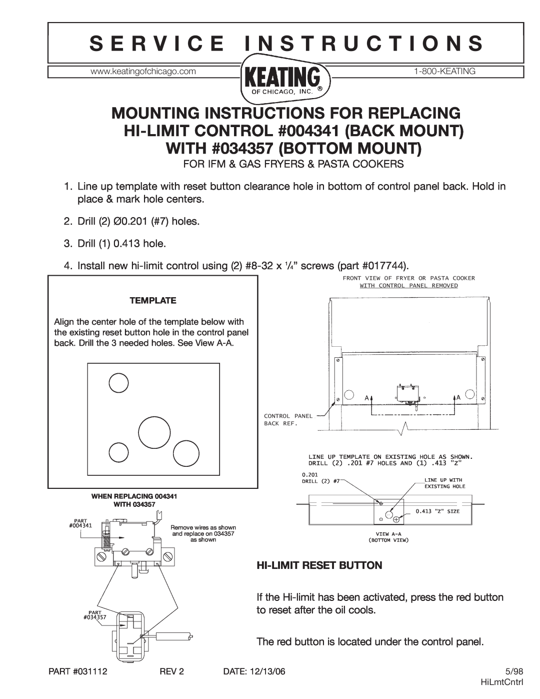 Keating Of Chicago 034357, 004341 manual S E R V I C E I N S T R U C T I O N S, Mounting Instructions For Replacing 