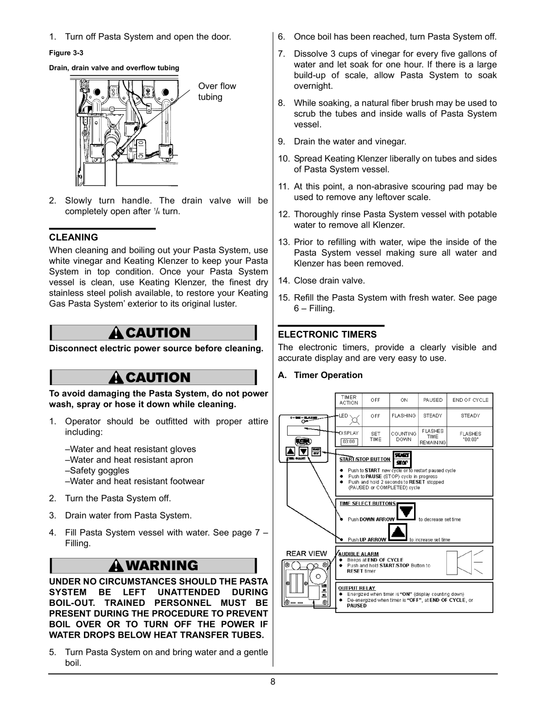 Keating Of Chicago 0107 service manual Cleaning, Electronic Timers, Timer Operation 