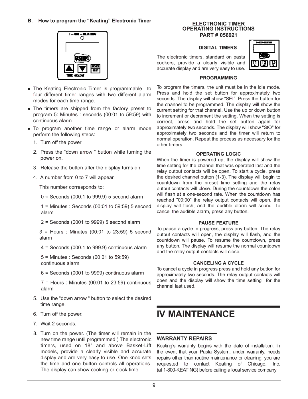 Keating Of Chicago 0107 service manual IV Maintenance, Electronic Timer Operating Instructions, Warranty Repairs 